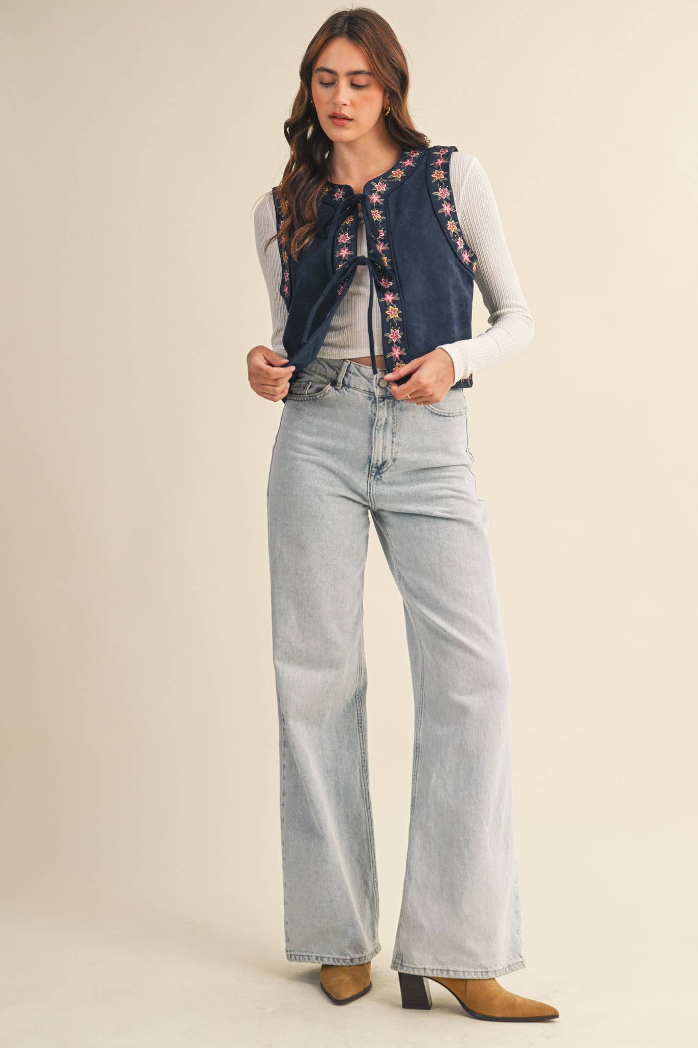 Dahlia Floral Embroidered Faux Suede Vest