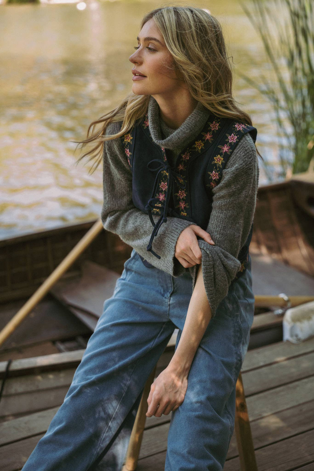 Dahlia Floral Embroidered Faux Suede Vest