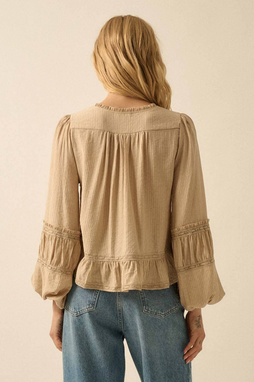 Emily Tonal-Stripe Ruffle Lace-Trim Buttoned Peasant Top