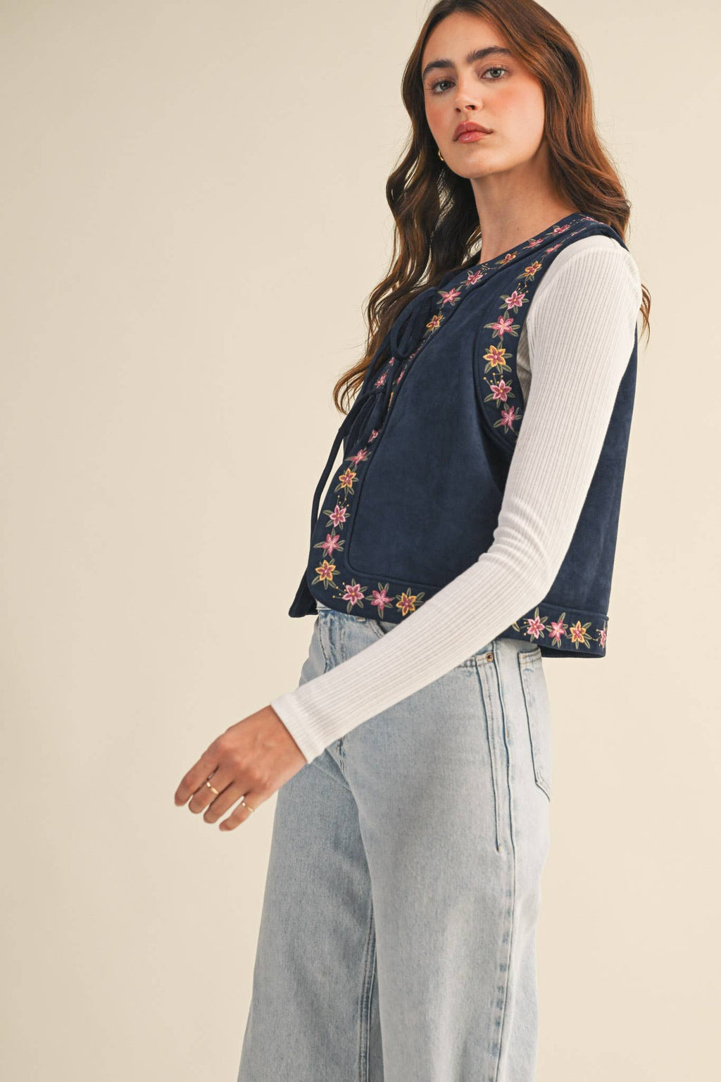 Dahlia Floral Embroidered Faux Suede Vest