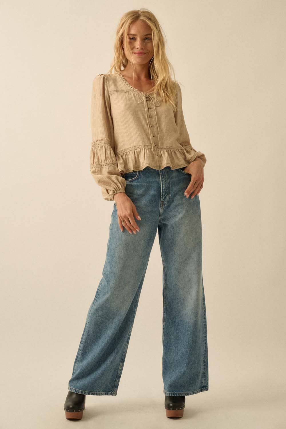 Emily Tonal-Stripe Ruffle Lace-Trim Buttoned Peasant Top