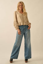 Emily Tonal-Stripe Ruffle Lace-Trim Buttoned Peasant Top