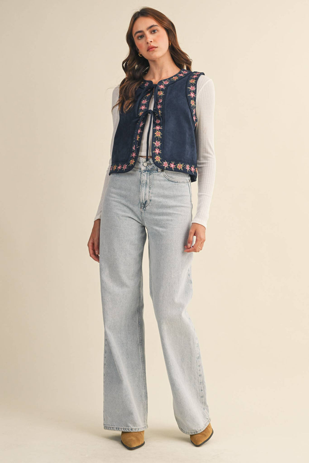 Dahlia Floral Embroidered Faux Suede Vest