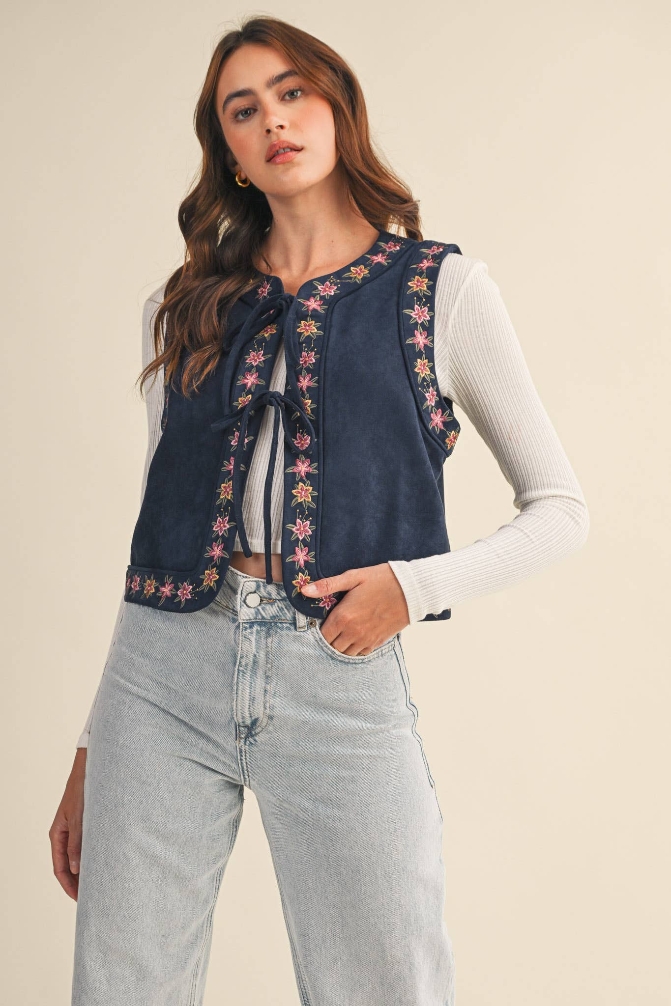 Dahlia Floral Embroidered Faux Suede Vest
