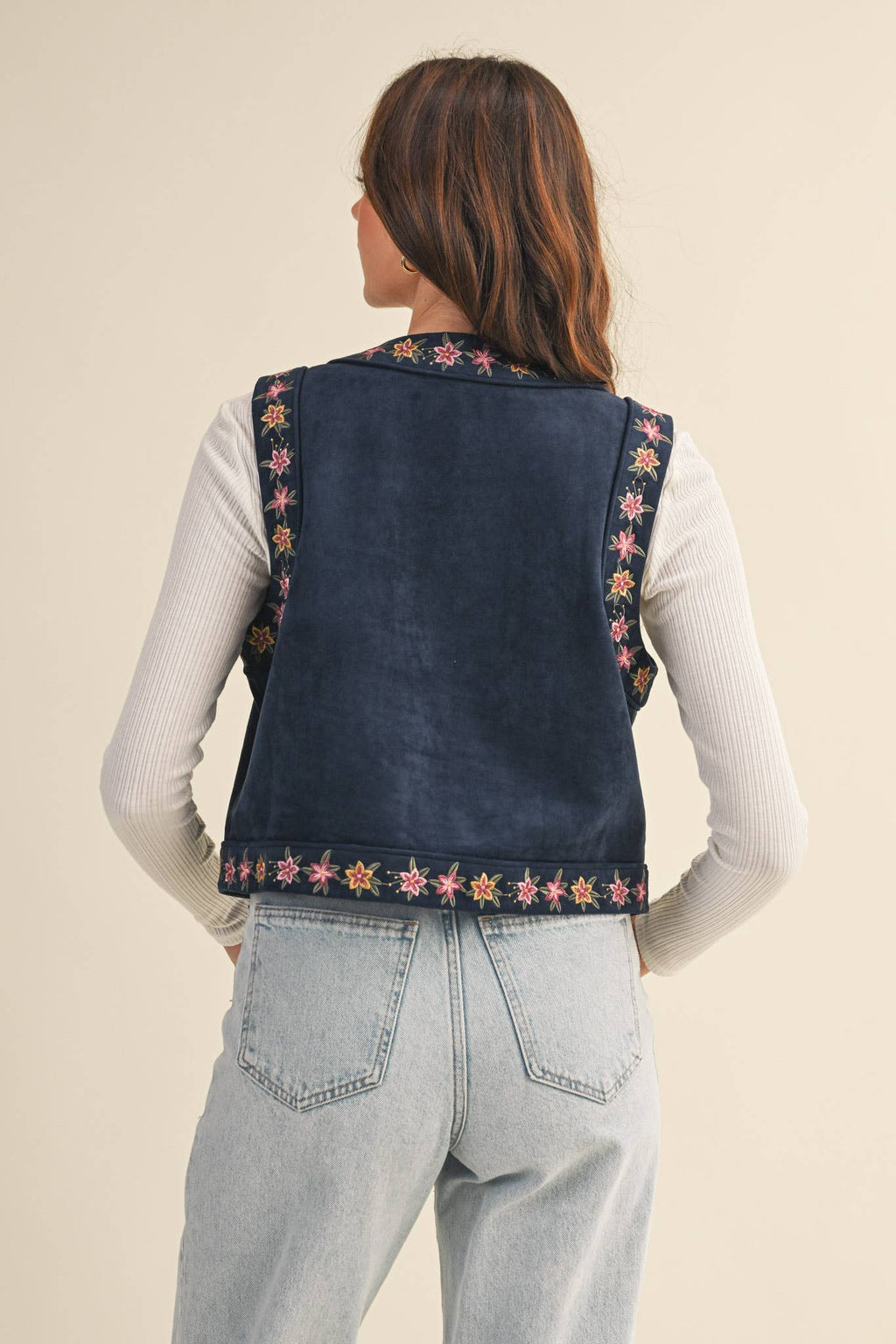 Dahlia Floral Embroidered Faux Suede Vest