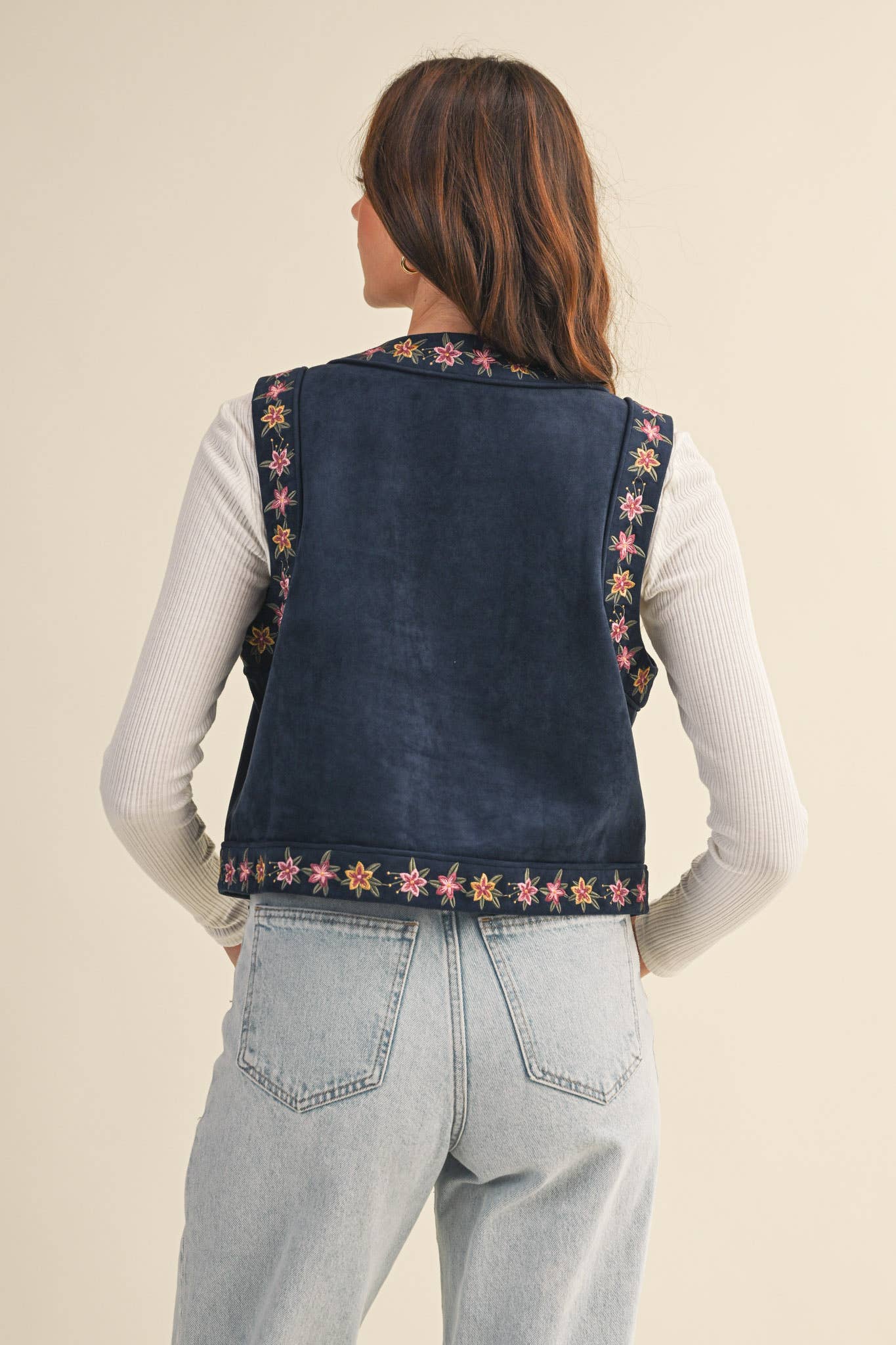 Dahlia Floral Embroidered Faux Suede Vest