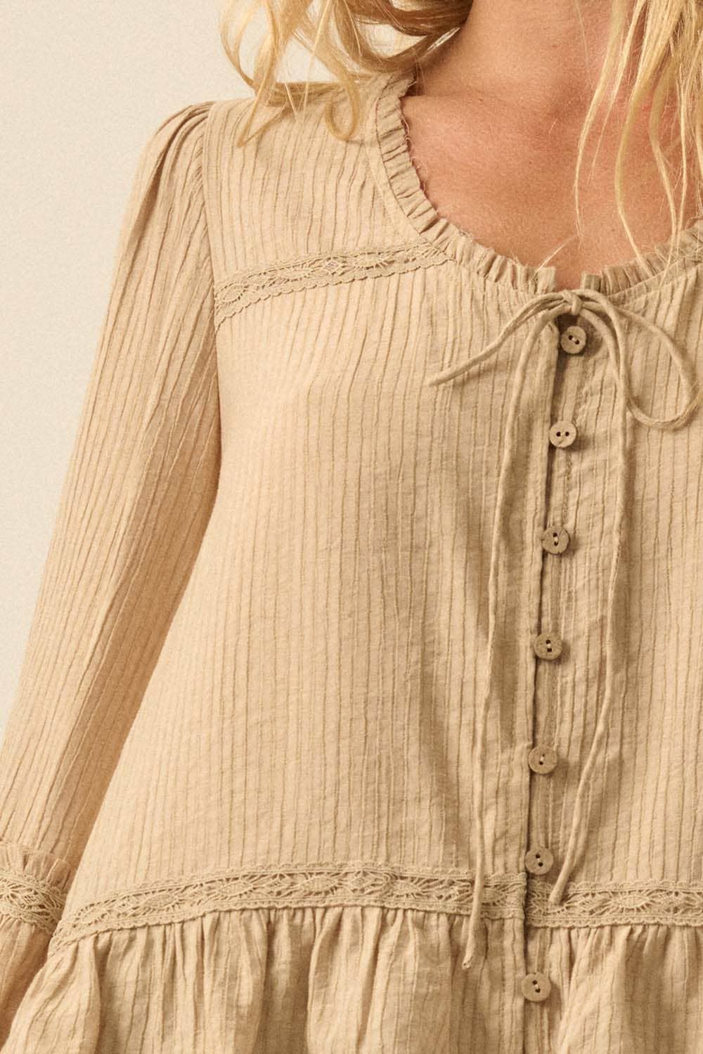 Emily Tonal-Stripe Ruffle Lace-Trim Buttoned Peasant Top