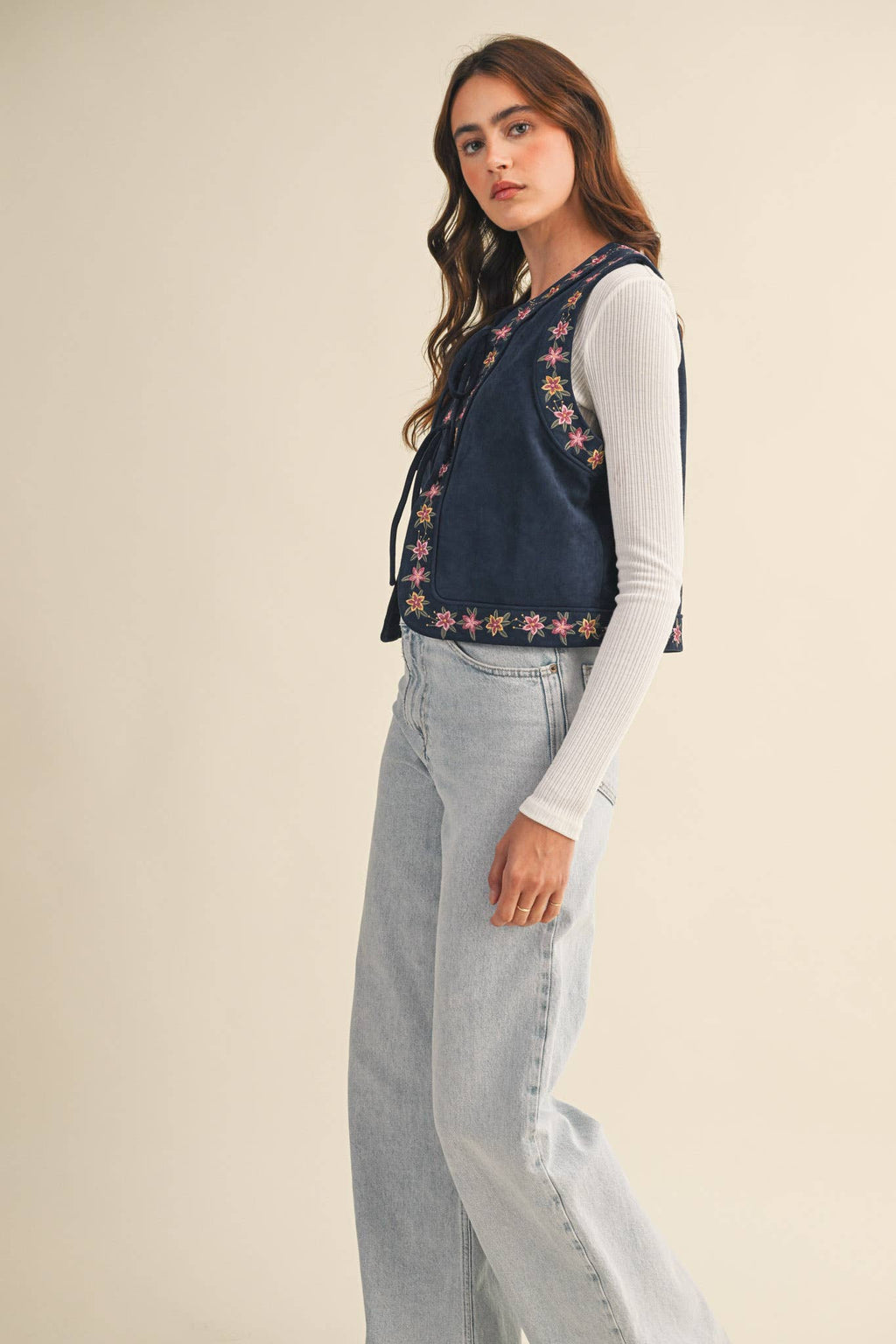 Dahlia Floral Embroidered Faux Suede Vest