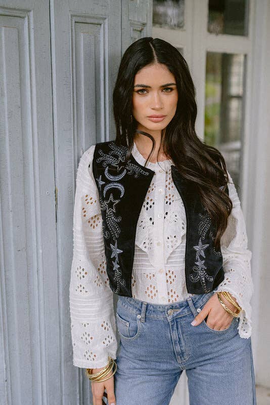 Black Velvet Embroidered Moon & Star Vest