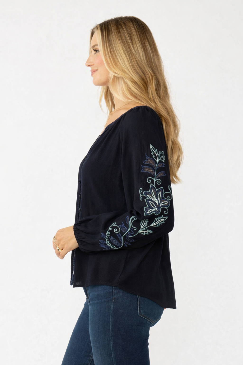 The Laurel Embroidered Sleeve Button Down Blouse