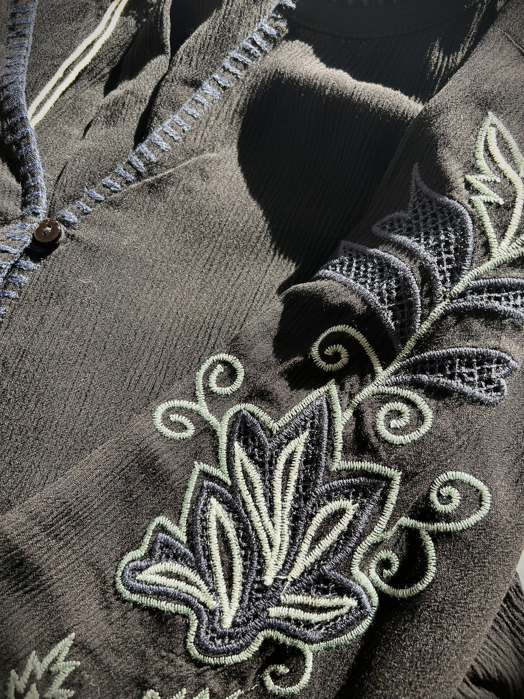 The Laurel Embroidered Sleeve Button Down Blouse