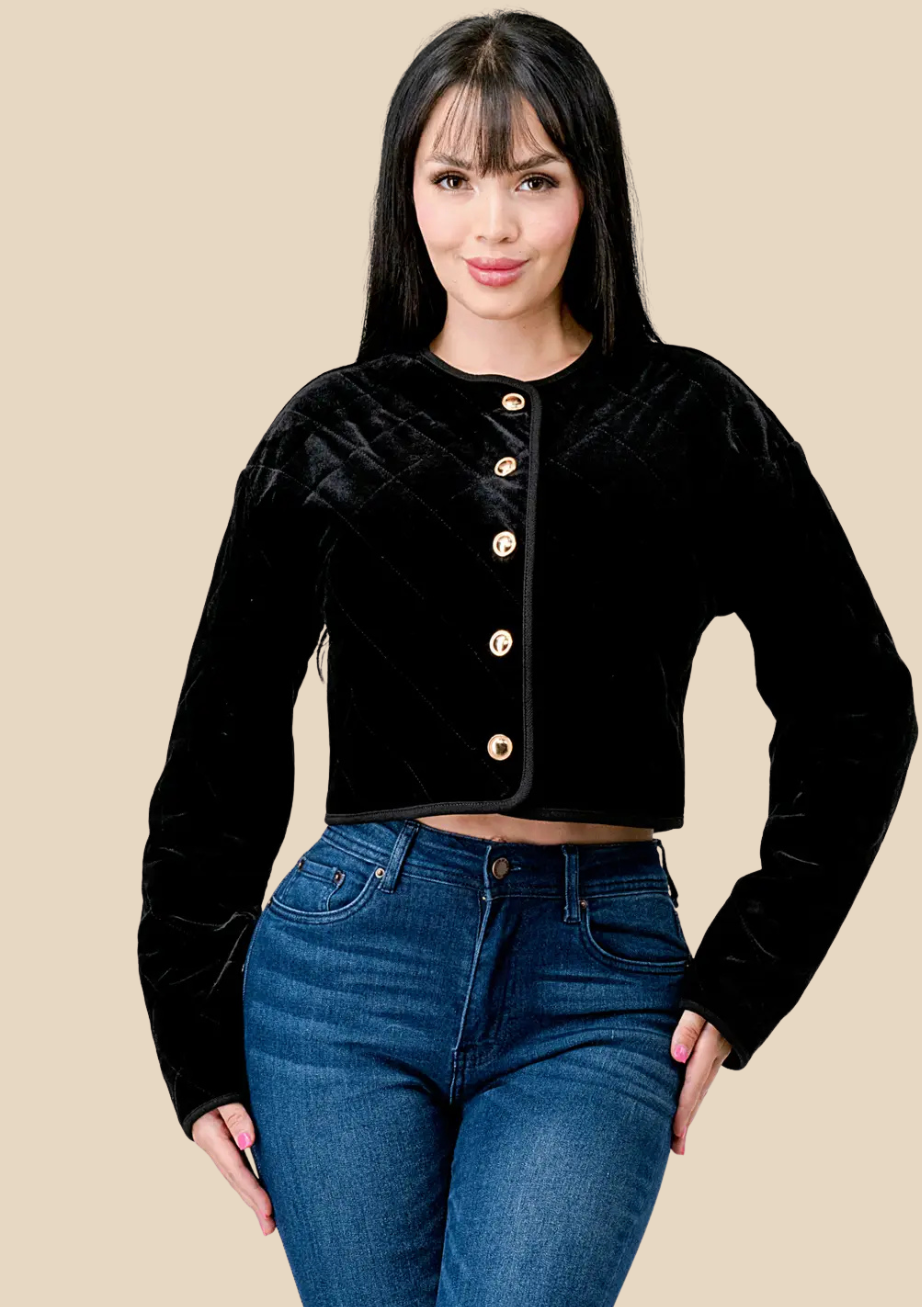 The Amara Velvet Quilted Button Front Jacket