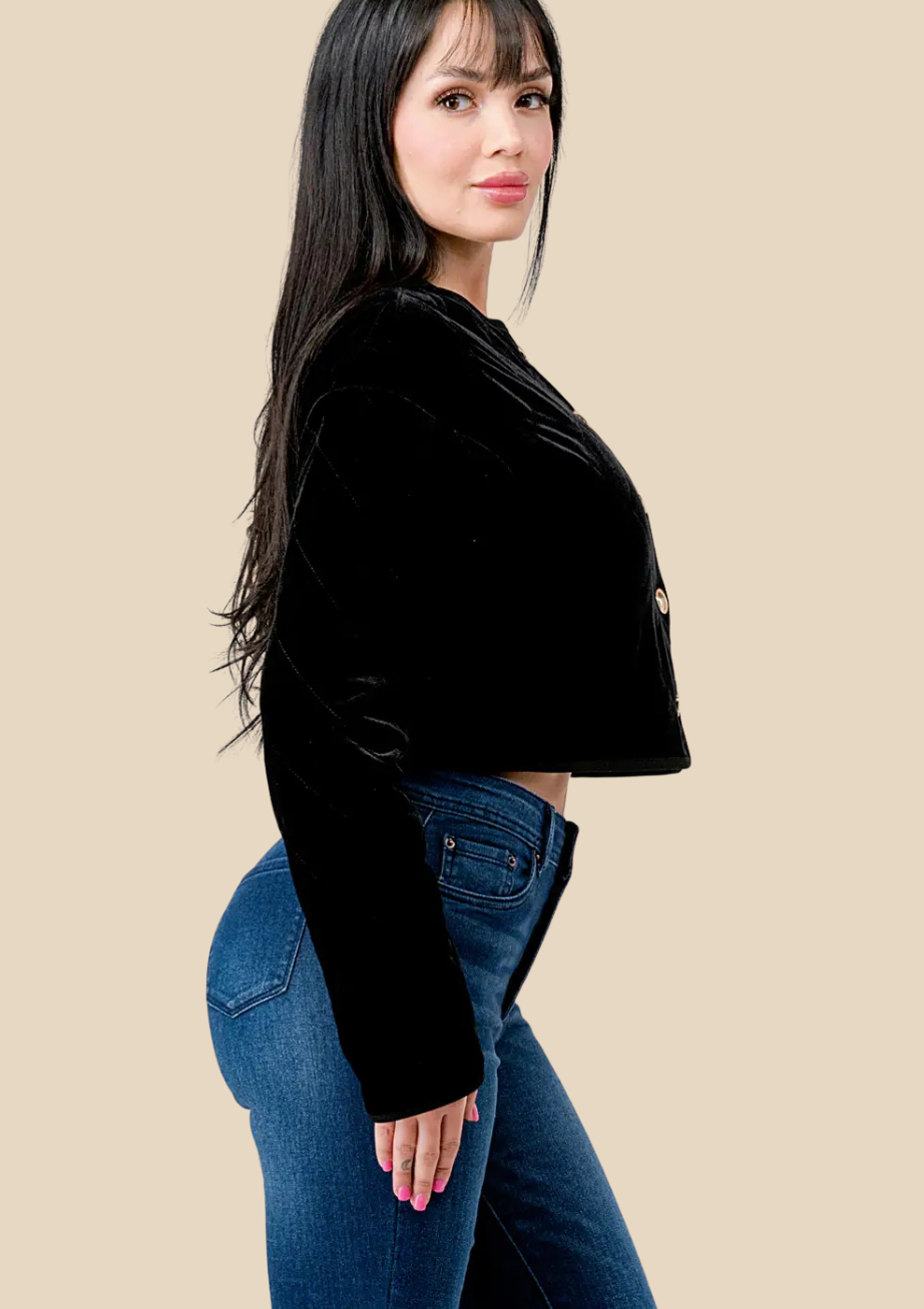 The Amara Velvet Quilted Button Front Jacket
