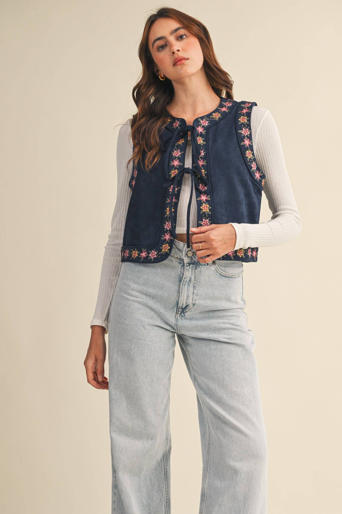 Dahlia Floral Embroidered Faux Suede Vest