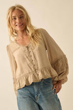 Emily Tonal-Stripe Ruffle Lace-Trim Buttoned Peasant Top
