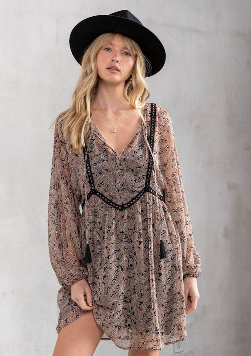 Selene Paisley Babydoll Long Sleeve Mini Dress