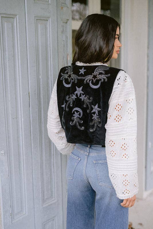 Black Velvet Embroidered Moon & Star Vest