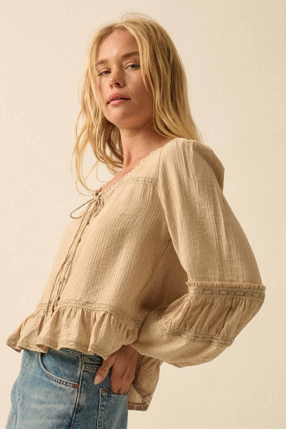 Emily Tonal-Stripe Ruffle Lace-Trim Buttoned Peasant Top