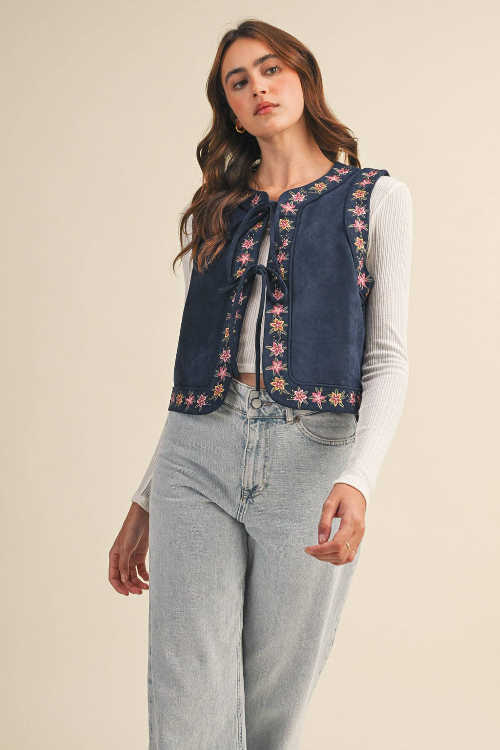 Dahlia Floral Embroidered Faux Suede Vest